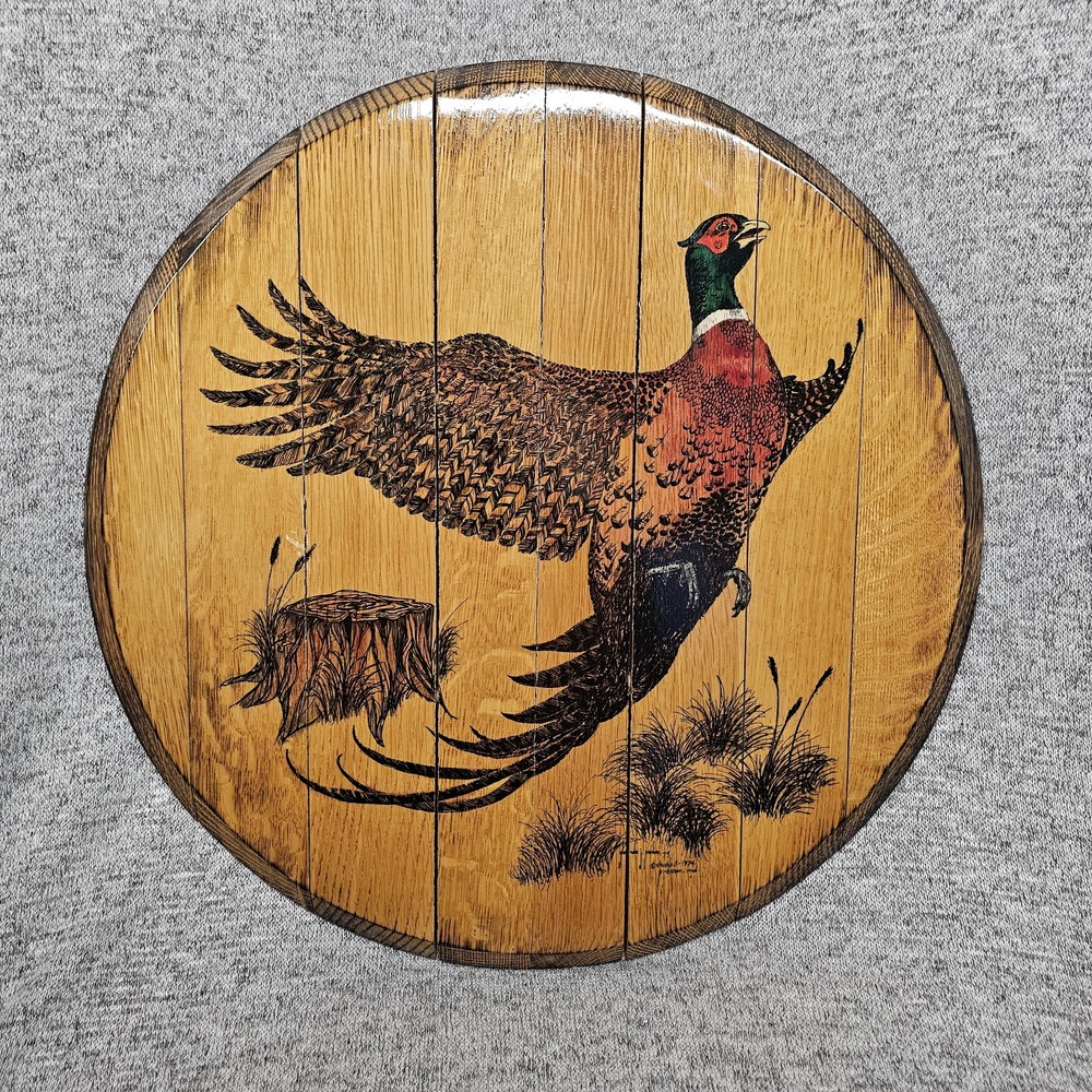 Vintage Glenda J Porter Pheasant Flight Painting Wood Barrel Head Signed ’79 Art