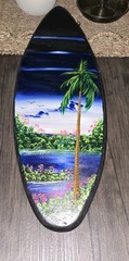Surfboard Shaped Painting Island Palm Tree Water Birds Sky Cozumel Mexico 18″x6″