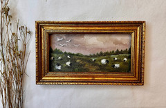 Miniature Sheep Oil Painting: Vintage Farmhouse Framed Artwork