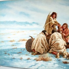 Grandpa Vintage ALASKA Eskimo Hunting Wildlife Scene Oil Painting 36″W x 24″L
