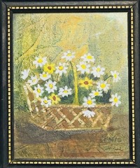 Vintage Mini Oil Painting Daisies Basket Signed EMIG Framed 5×6” Cottage Floral