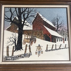 H Hargrove Oil Painting Snowy Barn Scene Homesteader Hauling Water Framed 26×29