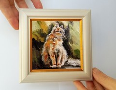 Ginger cat 4×4 inches Mini oil painting framed on stand read