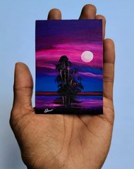 „Florida Purple Sunset“ ACEO Original Acrylic Painting Vintage Art Signed ATC
