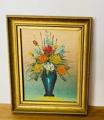 Mini Artwork Flowers 6”x4”, Wood Frame Made In Japan Vintage