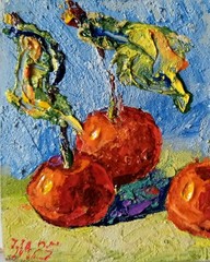 Cherries Impasto Painting Original Art Impression Oil Painting 3.8 x 4.1 in