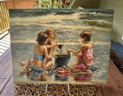 Original Oil Painting by Xiao Children at Beach Seascape 16×12 Signed Artwork