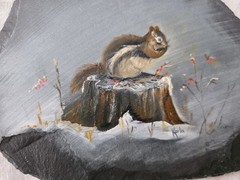 Chipmunk Vtg Signed Painting Hand Painted Art Slate Stone Slab Cottage Snow