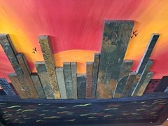 Vintage Original Acrylic On Wood Panel Wooden Block Cityscape MCM OOAK 20 x 25
