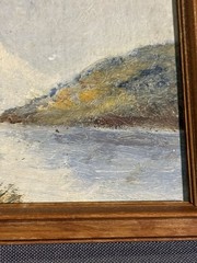 Antique Miniature Oil on Artist Board Landscape Painting of Mountain River Lake