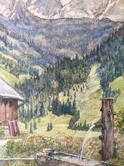 Watercolor on cardboard alpine landscape farmhouse A. Kreissel ’77 vintage