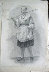 ANTIQUE RUSSIAN SOVIET REALISM FEMALE PEASANT PORTRAIT PAINTING DRAWING 1951