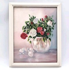 Vintage MCM Oil Painting Roses Floral Still Life Pink Elephants Signed SCP Frame