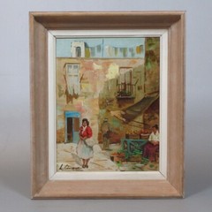 Vintage Italian Oil Painting, Village Street Market Scene South of Italy, Signed
