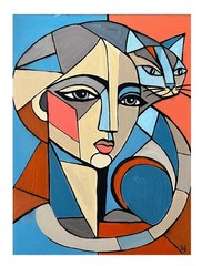 Modern Cat & Female Portrait Picasso-Inspired Cubist Original Art Acrylic 14×11”