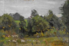 P.I.PETROVICHEV, b.1874, RUSSIAN BEAUTIFUL LANDSCAPE OIL PAINTING, LISTED
