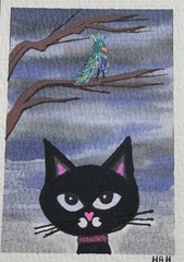 ACEO Original Hand Painting Watercolor And Acrylic Art Card Cat With A Bird