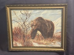 Vintage Folk Art Oil on Canvas Winter Landscape Painting of Grizzly Brown Bear