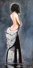 Model Woman Side Figurative Painting in Grey Tone Acrylic on Canvas 24″x48″