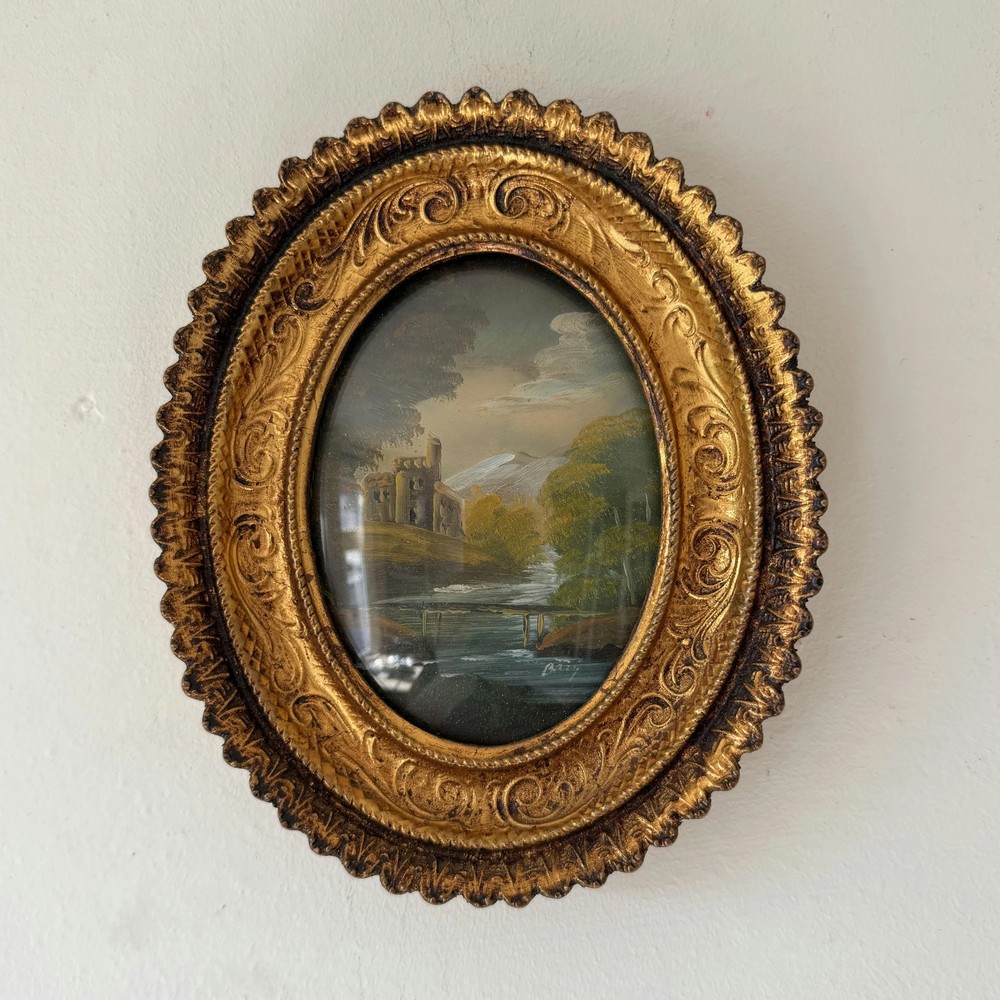 Traditional Still Life Oil Painting „Ruined Castle“ Handcrafted Small Art