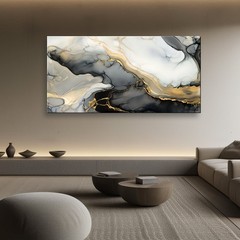 Large Abstract Canvas Painting, Black and Gold Canvas wall art, Framed, Signed