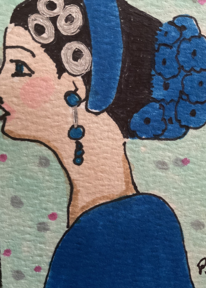 ACEO watercolor art by PJ, art card 2.5 x 3.5: lady in blue.