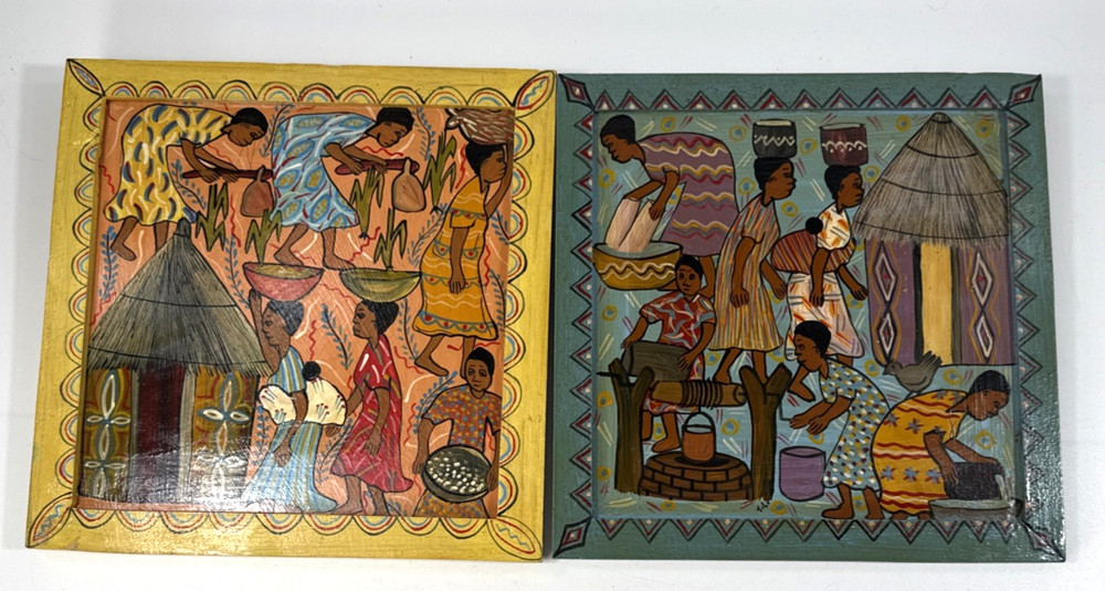 African Folk Art Paintings by Tendi Chirwa women working lot of 2