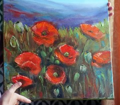 Red Poppies Landscape Oil Painting 16×20″ Tuscany Poppy Field Italian Hills