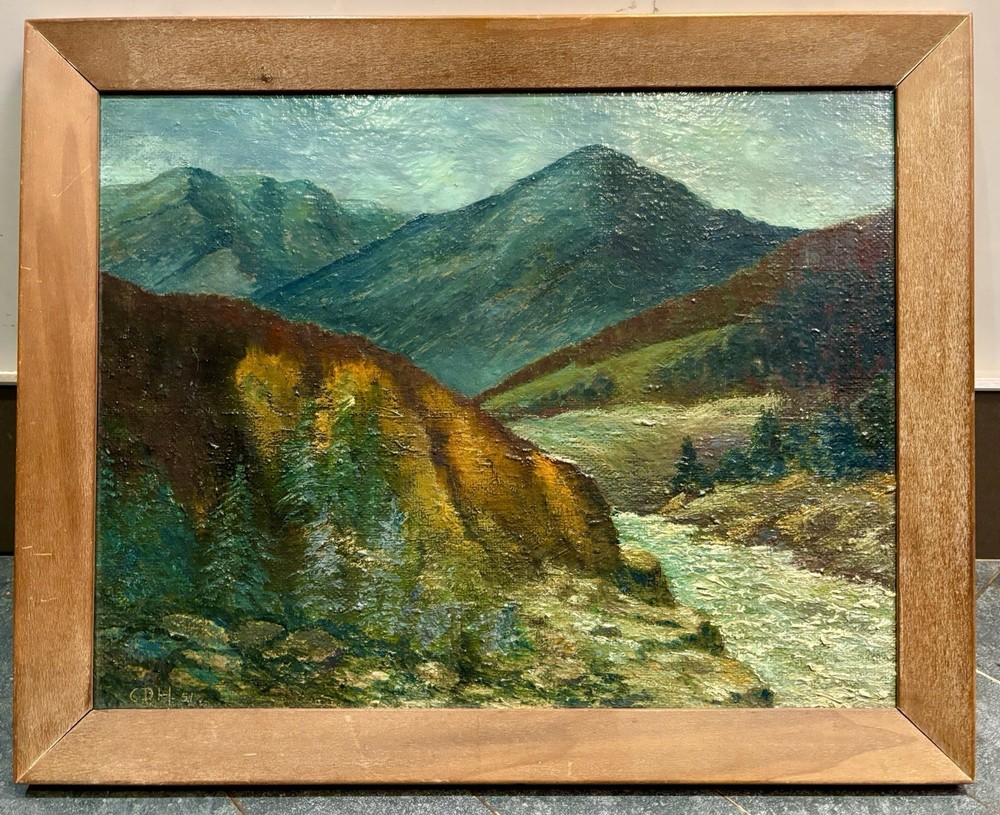 Antique American School Oil Painting On Board Modernist Landscape Signed Dated