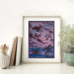 Sunset Painting Landscape Palm Trees Original Wall Art Tropical Beach Seascape