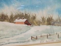 Lois Batalden Hansen Wyoming Artist Framed Watercolor 7.5″ x 5.5″ Barn in Snow