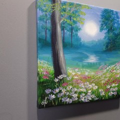 Moonlit Summer Night Landscape Acrylic Painting Original Floral Nature Art 8×8