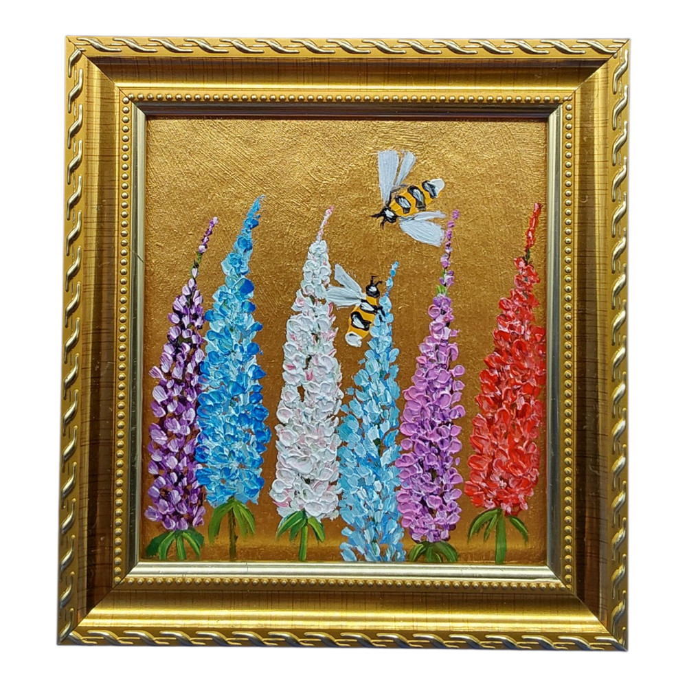 Bumblebee Original Painting Gold Framed Wildflowers Bluebonnet Wall Art Handmade