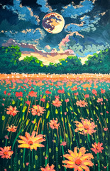 Wildflowers Painting Original Landscape Moon Forest Nature Impressionism Art