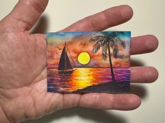 Watercolor Painting Seascape Sunset Ocean Island Palm Trees Nature ACEO Art ..