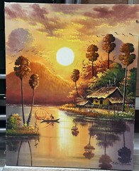 Oil Painting Rural Sunset River Mountain Khmer House Cambodia 40cm X 50cm