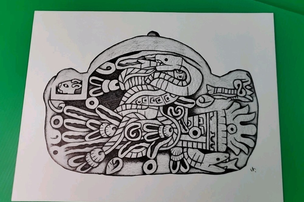 AZTEC ART WORK DEPICTIONS OF A STONE CARVING IN MEXICO, 13″×11″ Inches.