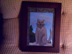 Grim Gray Cat Sitting in Stone Framed Window Original Art Acrylic with Frame