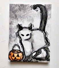 Original ACEO Watercolor Trick Or Treat Ghost Kitten Cat With Pumpkin Painting