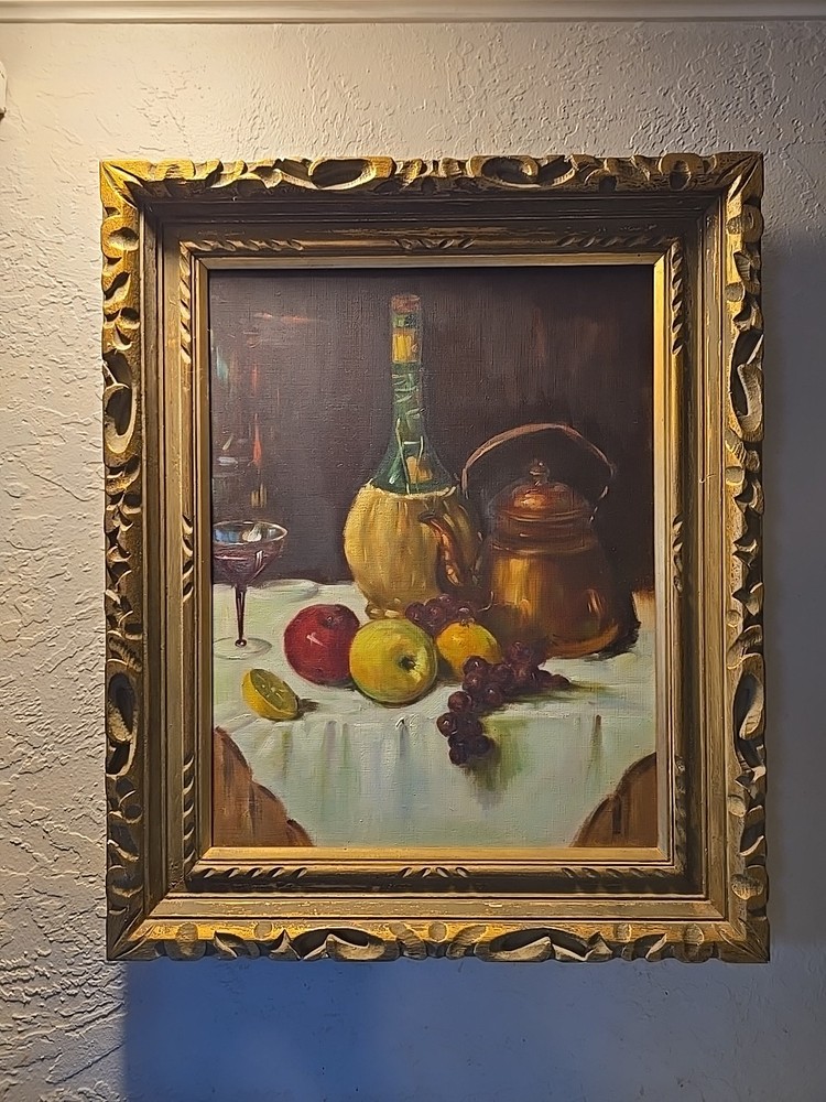 Vintage Still Life Original Oil Painting Wine Fruit Glass Kettle Realism Ornate