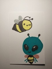 WHIMSICAL ORIGINAL PAINTING BEE ALIEN IMPRESSIONISM – 4X6 INCHES – COLLECTIBLE