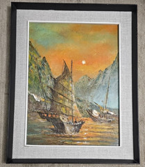 Vintage Original Painting Oil on Board Nautical Sailing Ships 29″x 18″ Signed