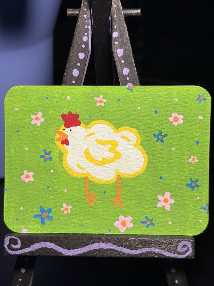 ACEO Original Acrylic Painting Art Card Sillylilshop Cloud Chicken