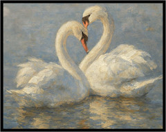 Swan Couple Wall Art � Romantic White Swan Print � Vintage Impressionist Oil
