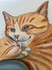 Original oil painting 11 x 14 inches orange tabby cat snuggling baby kitten