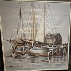 Collins Signed Framed Realism Painting Sailboat Harbor Nautical Scene