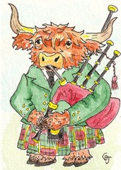 ACEO Original Scottish Highland Bull Bagpipe Watercolor Painting by CS Jackson