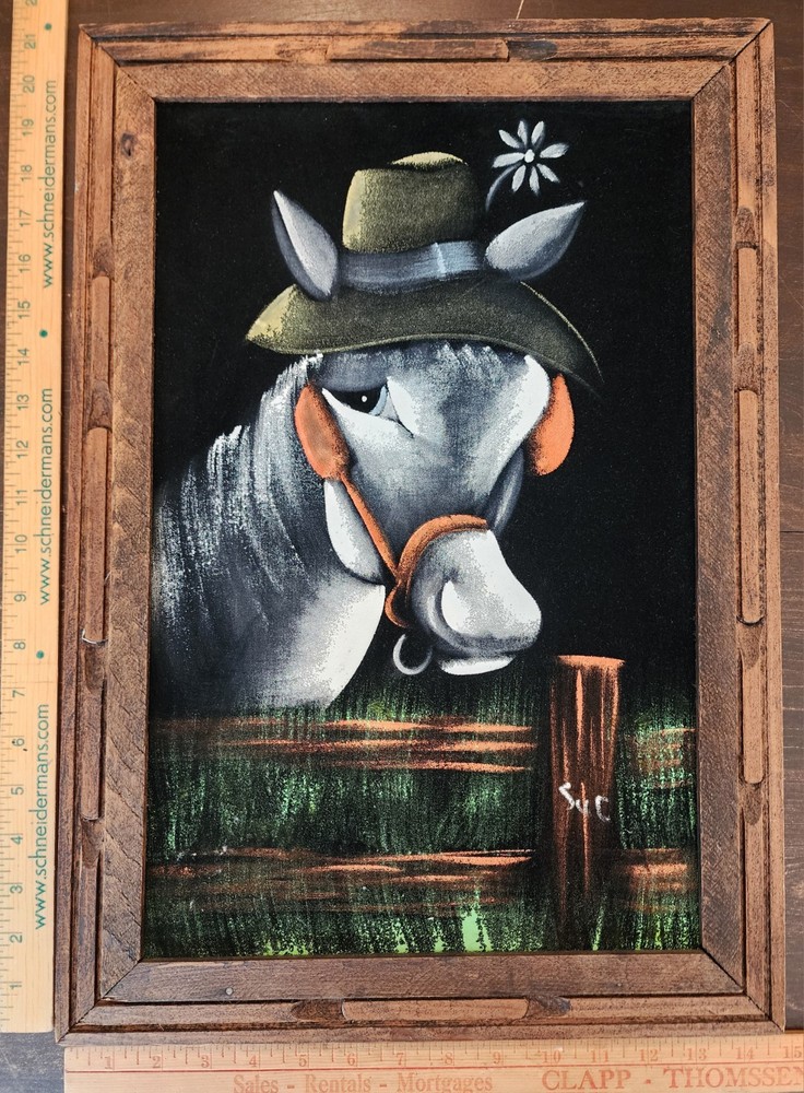 Vintage Mexican Black Velvet Painting Donkey Burrow Framed Approximately 21″x15″