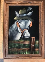 Vintage Mexican Black Velvet Painting Donkey Burrow Framed Approximately 21″x15″