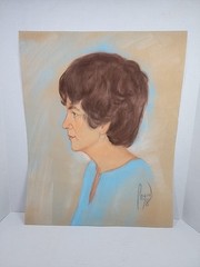 Original 70s Woman Lady Blue Dress Portrait Chalk Pastel Painting Signed 20×16